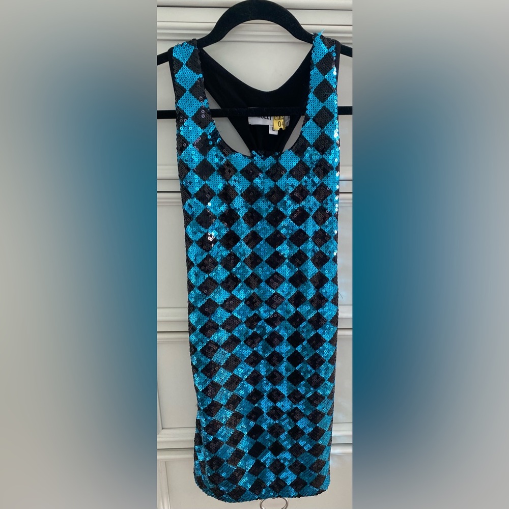 Hollyworld NY Girls Size 12 Blue & Black Sequin Checkered Razor Back Dress